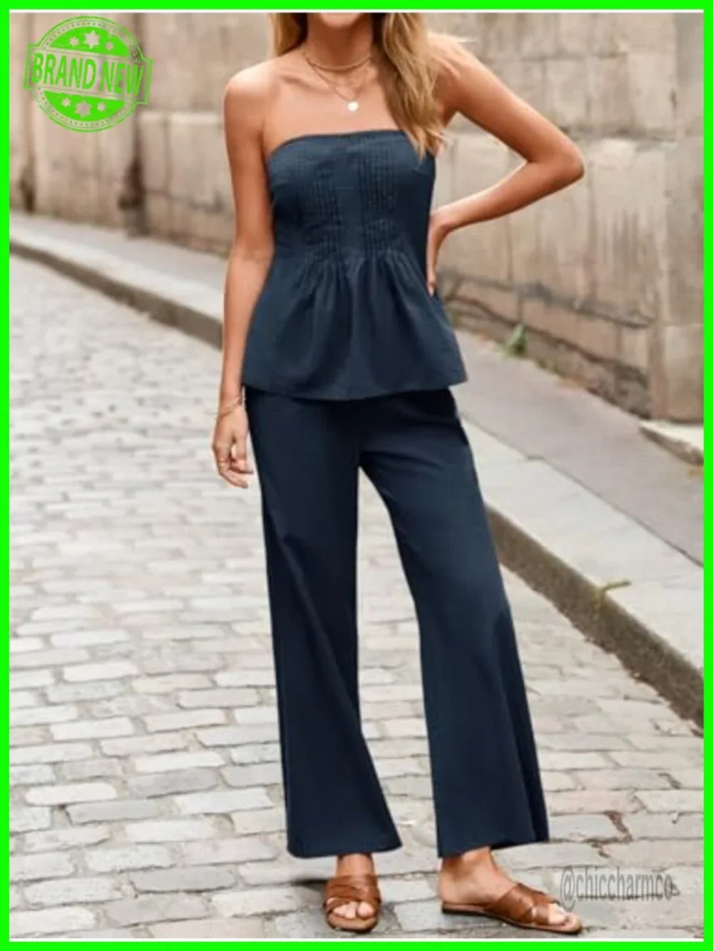2 Piece Strapless Tube Top Wide Leg Pants Matching Lounge Set